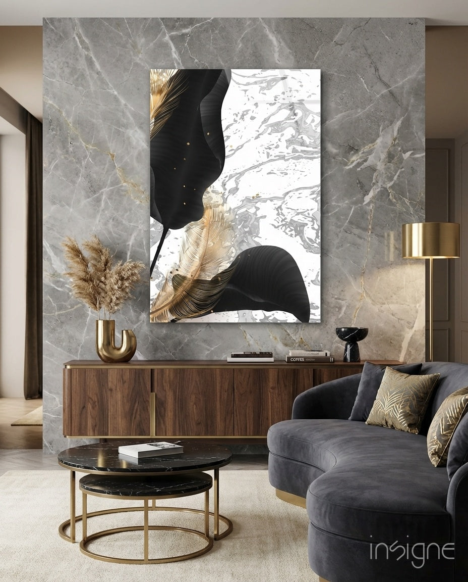 Marble Feathers glass wall art displayed above a wood sideboard in a marble-walled living room