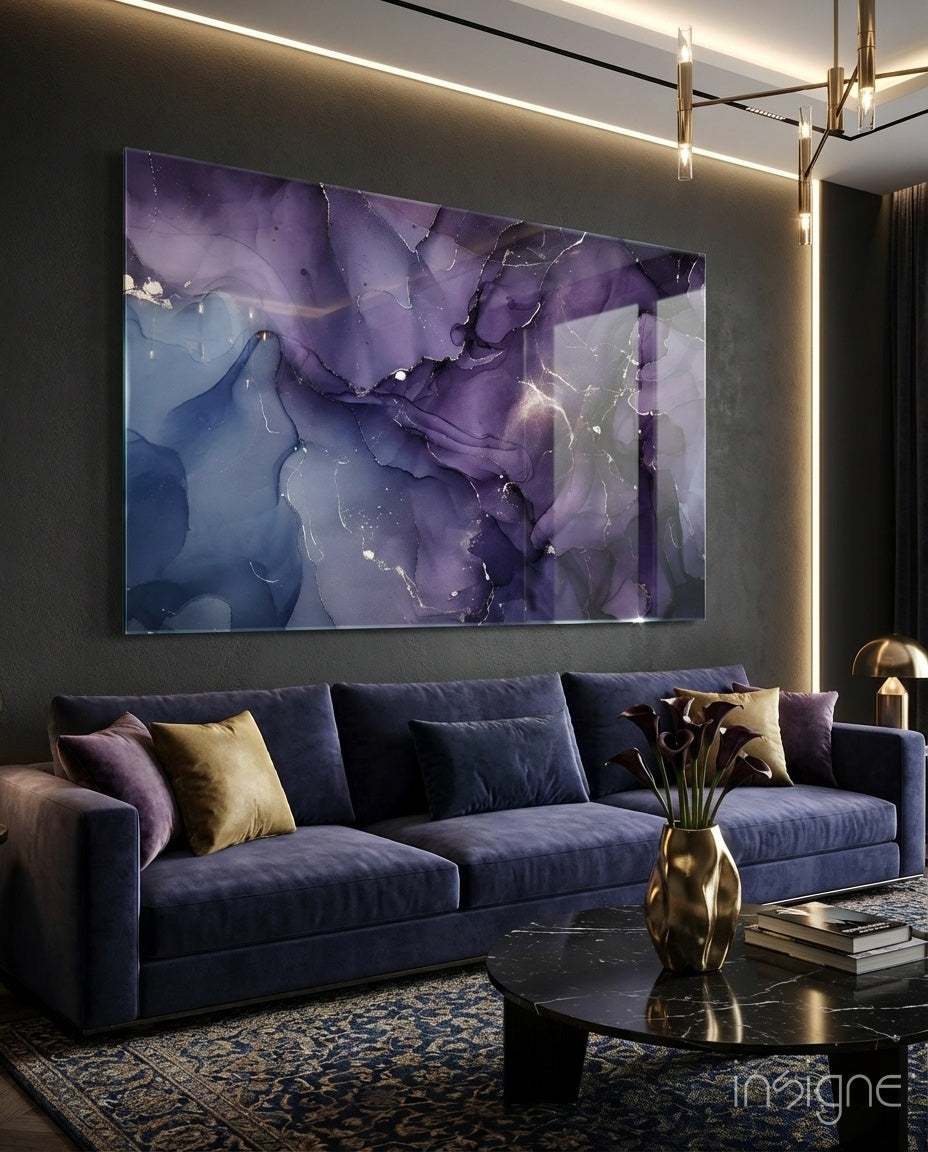Amethyst Veil glass wall art displayed above a navy velvet sofa in a charcoal-walled lounge