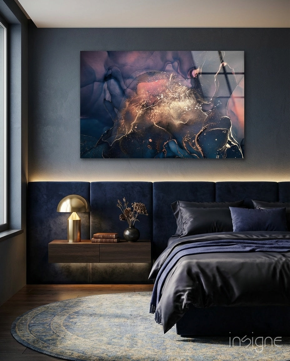 Nebula Bloom glass wall art displayed above a navy upholstered headboard in a luxe-grey bedroom