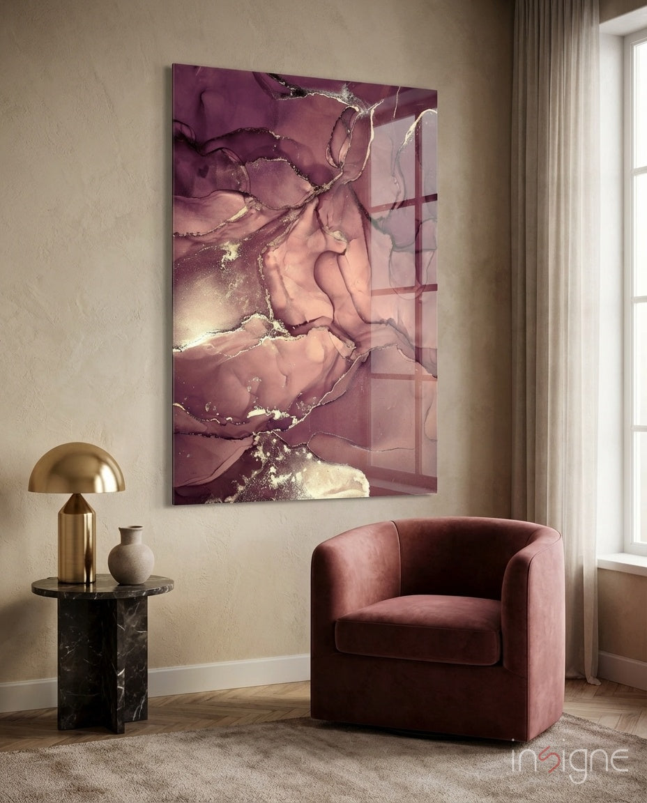 Mauve Filigree glass wall art displayed above a mauve velvet armchair in a warm beige hallway