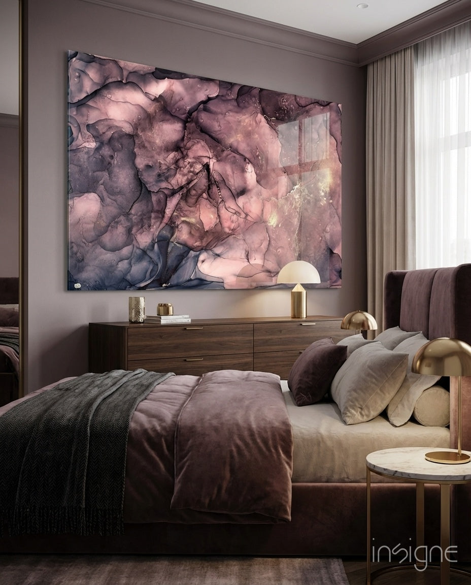 Rose Cloud glass wall art displayed above a walnut dresser in a mauve-walled bedroom