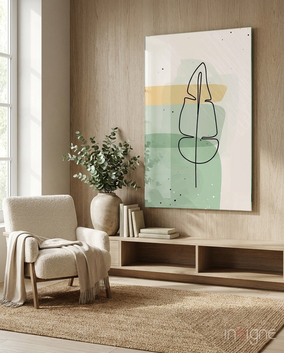 Line Tropical glass wall art displayed above a wood-shelf credenza in a wood-paneled living room