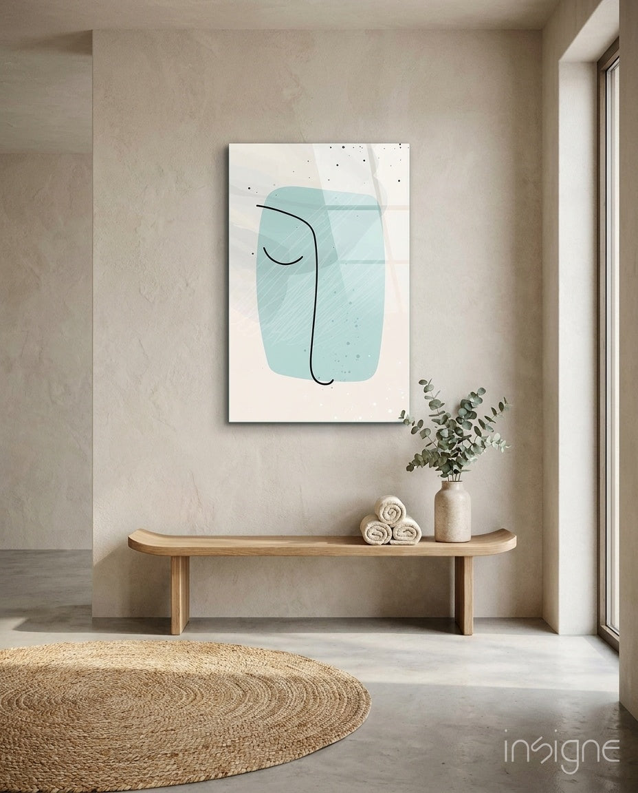 Mint Line Portrait glass wall art displayed above a wood bench in a warm beige minimalist hallway