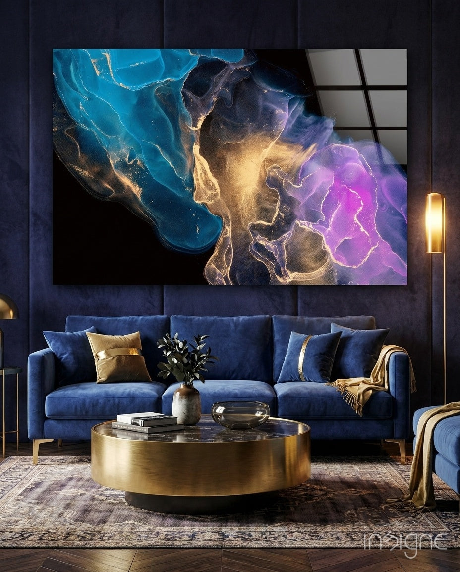 Cosmic-nebula panel bringing jewel drama to a contemporary living space