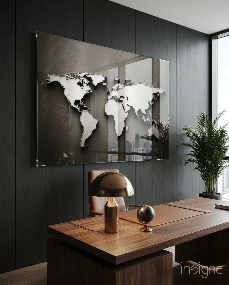 Chrome World Map glass wall art displayed above a walnut desk in a dark wood-paneled executive office