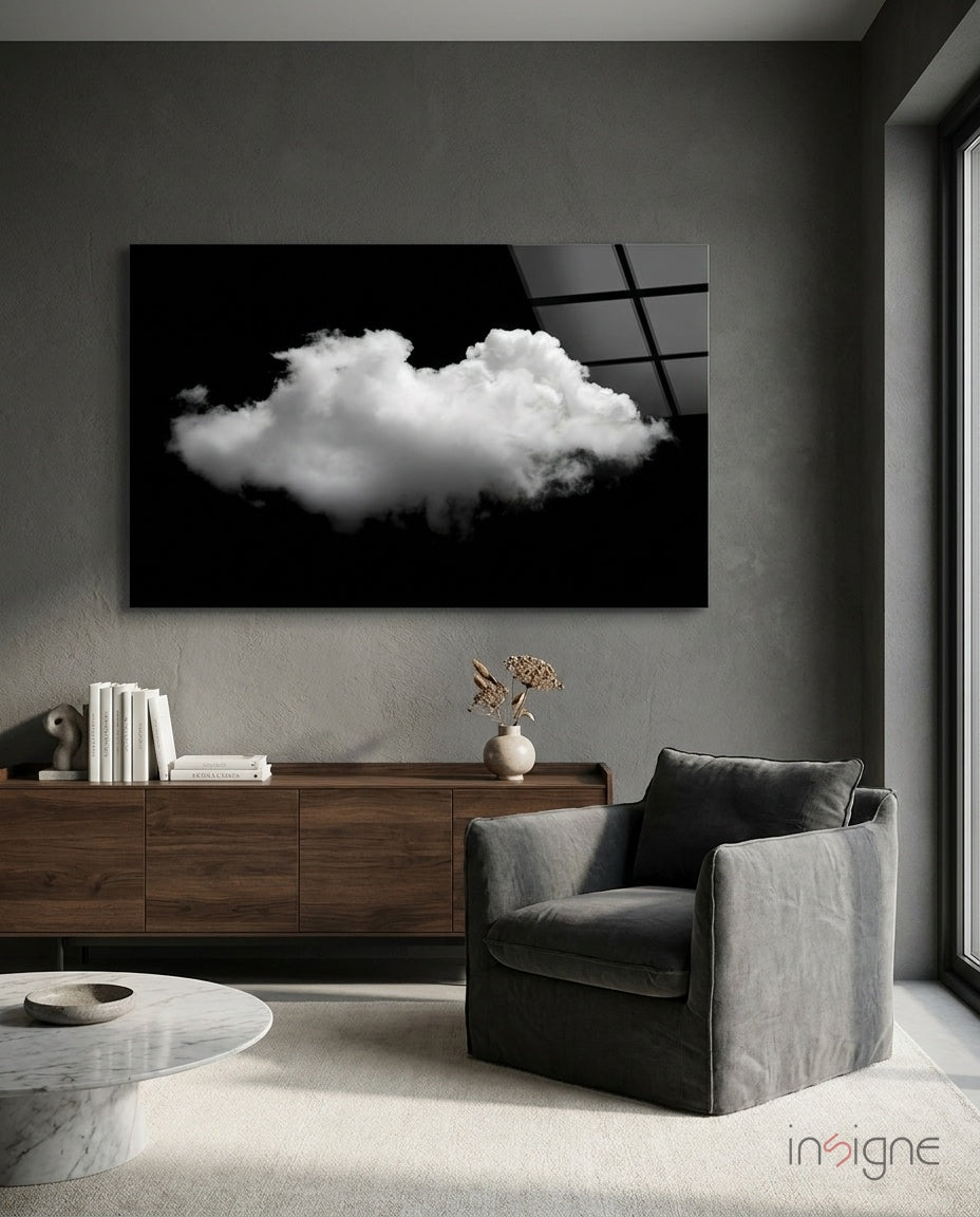 Solo Cloud glass wall art displayed above a walnut credenza in a charcoal-walled lounge with grey velvet armchair