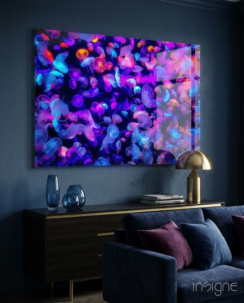 Neon Jellies glass wall art displayed above a walnut credenza in a dark navy lounge with navy velvet sofa
