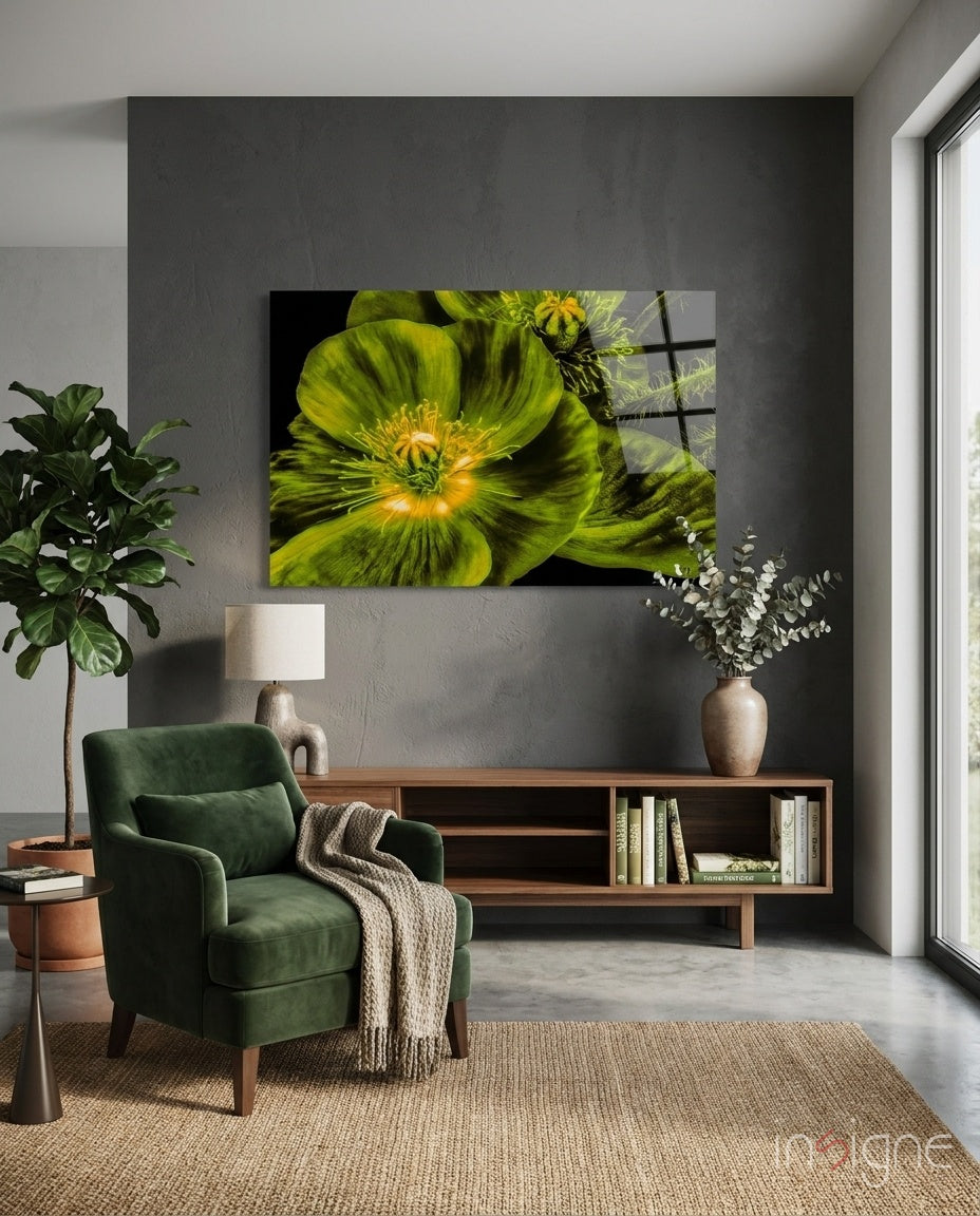 Malvales Flower glass wall art displayed above a walnut credenza in a soft charcoal-walled lounge with green velvet armchair and fiddle leaf fig