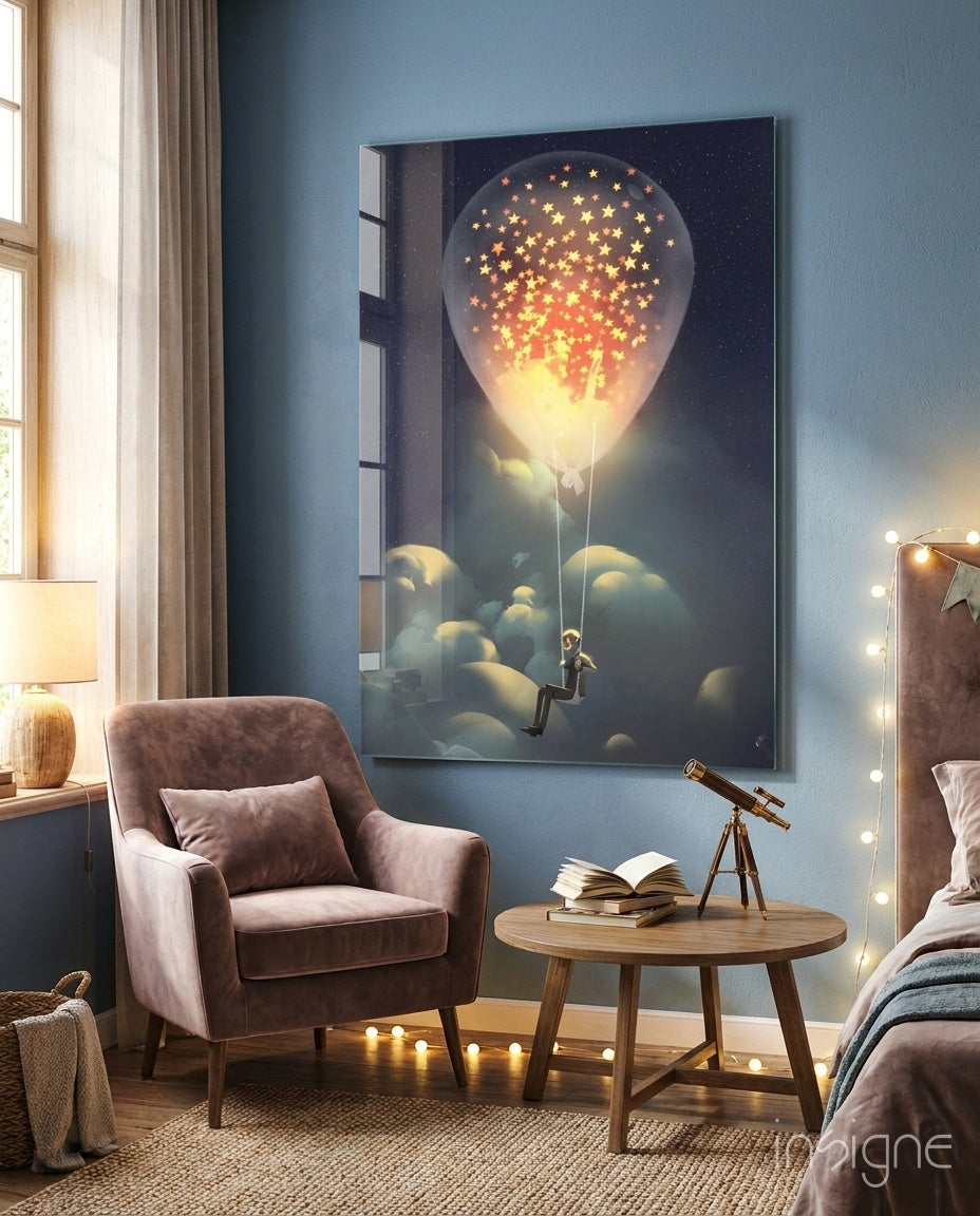 Starry Dream glass wall art displayed beside a mauve velvet armchair in a navy-walled bedroom with telescope and fairy lights