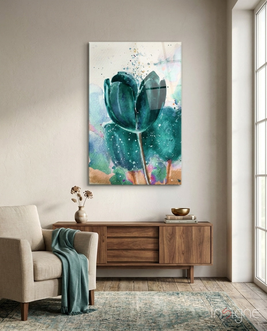 Tulip glass wall art displayed above a walnut credenza in a soft white-plaster lounge with cream linen armchair and Persian rug