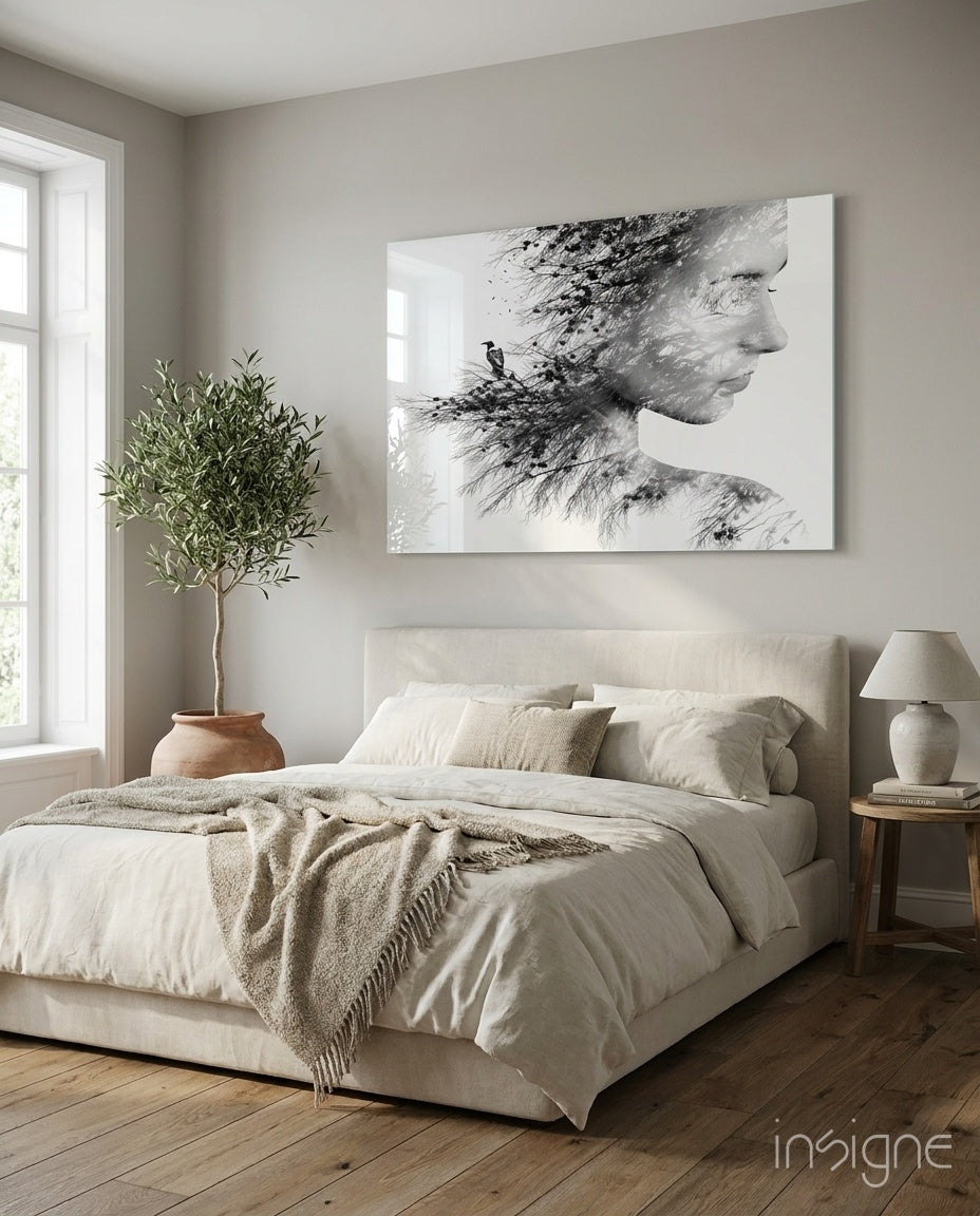 Woman Bird glass wall art displayed above a cream upholstered bed in a soft beige-plaster bedroom with olive tree and stoneware urn