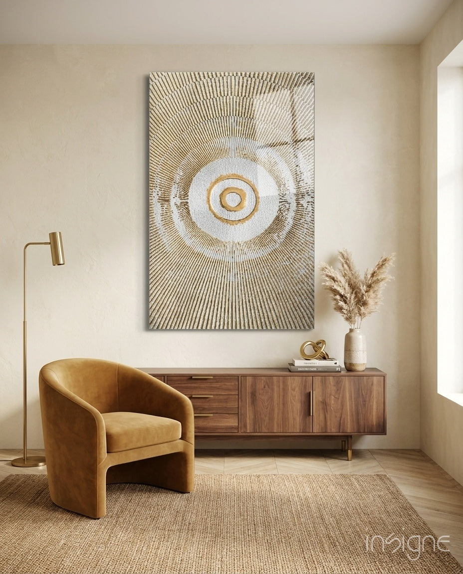 Abstract Loop glass wall art displayed above a walnut credenza in a soft cream-plaster hallway with cognac armchair and pampas vase