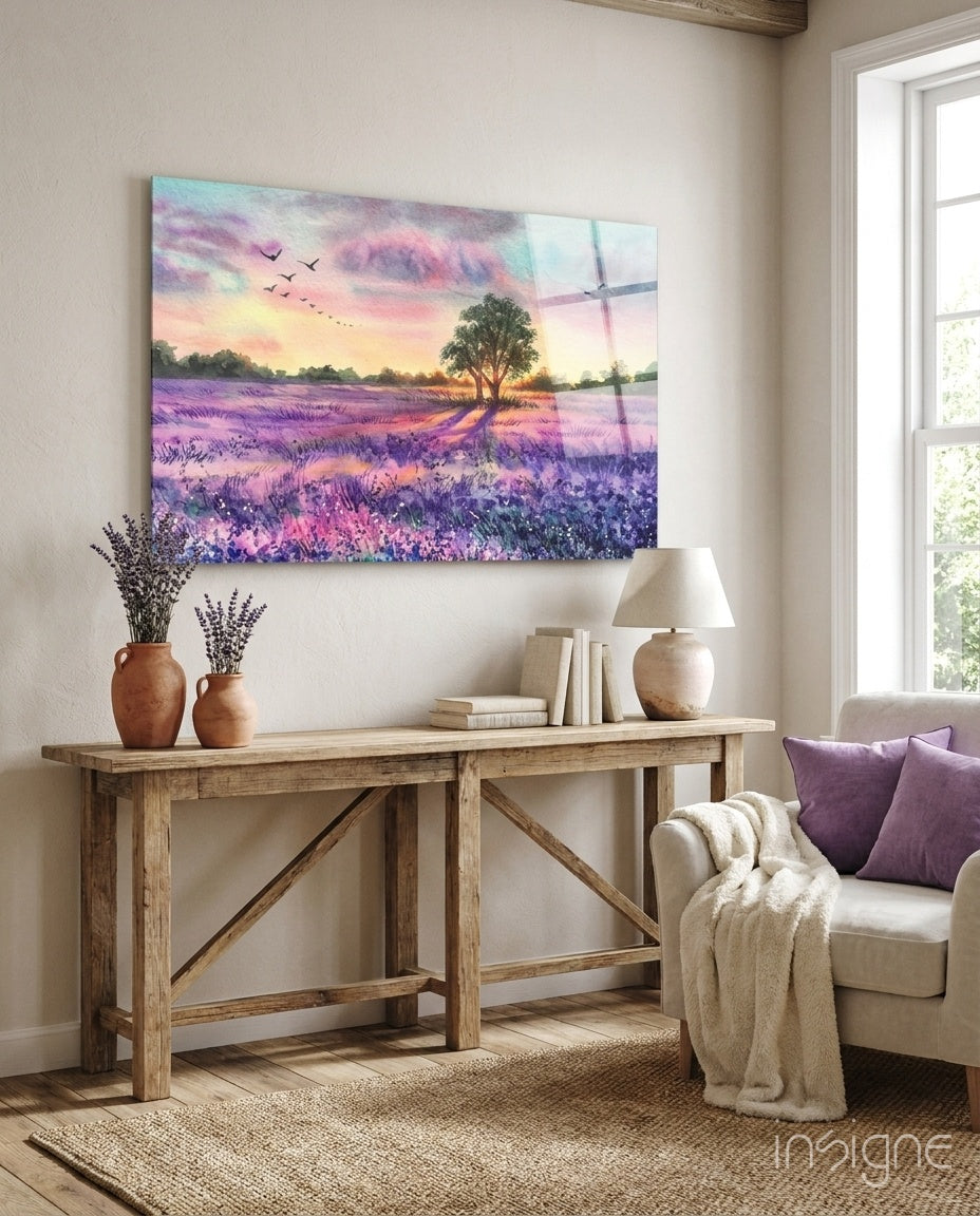 Tranquility glass wall art displayed above a reclaimed wood console in a soft cream-plaster lounge with lilac velvet pillow and lavender stems