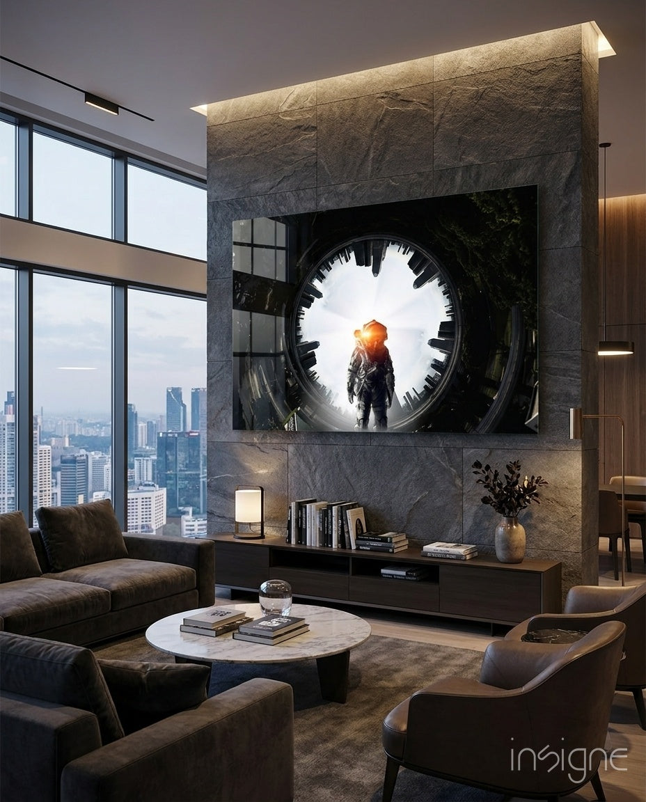 Astronaut glass wall art displayed above a stone-clad TV niche in a moody penthouse lounge with brown velvet sofa and city view