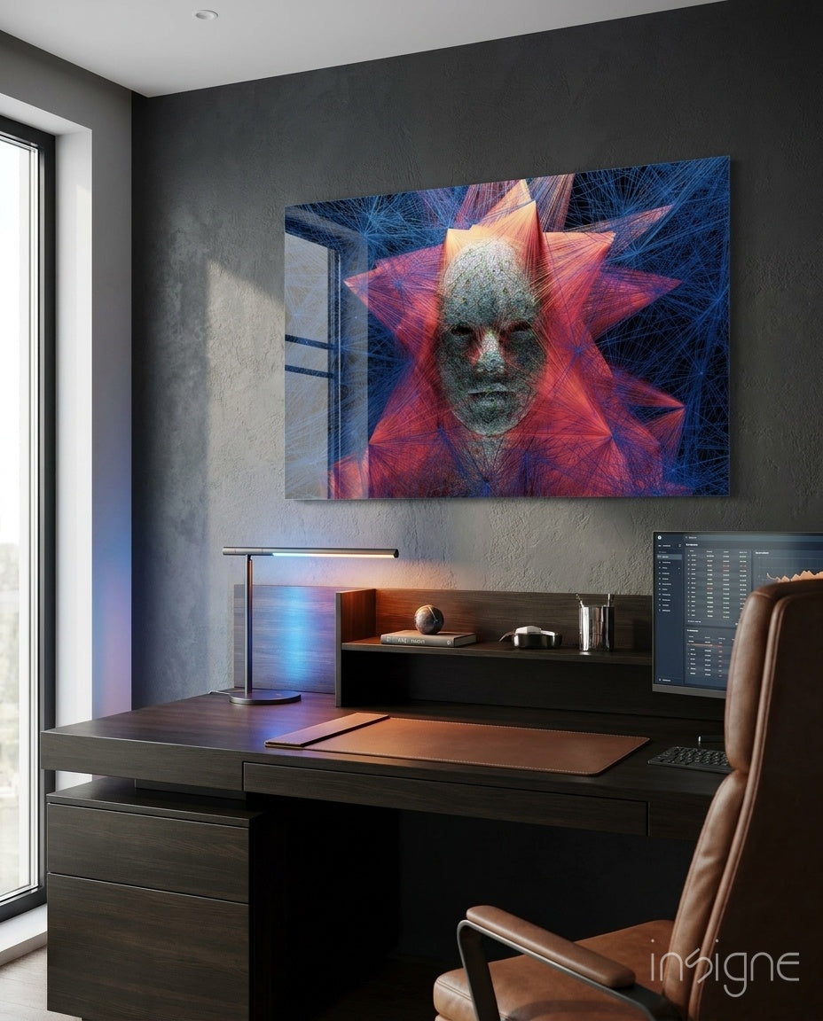 Self glass wall art displayed above a leather desk in a moody charcoal-walled office with cognac chair and ambient blue accent light