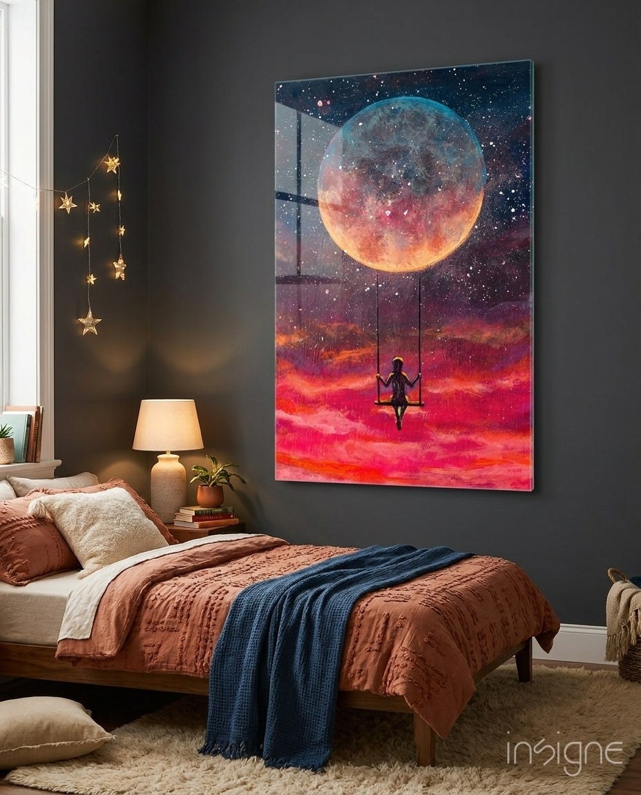 Freedom glass wall art displayed beside a wood platform bed in a charcoal-walled bedroom with rust linen bedding and star fairy lights