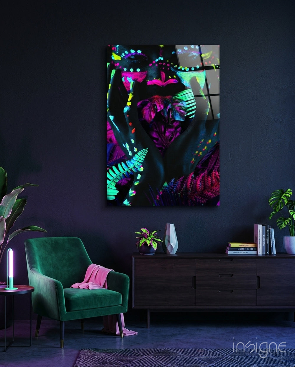 Neon Glances Glass Art - Lifestyle preview in a designer interior