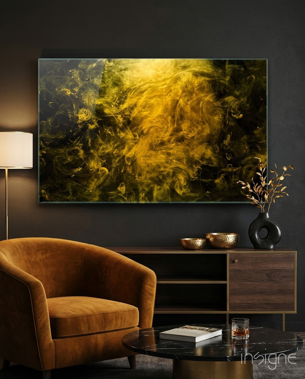 Yellow Smoke Glass Wall Art - Lifestyle preview in a designer interior