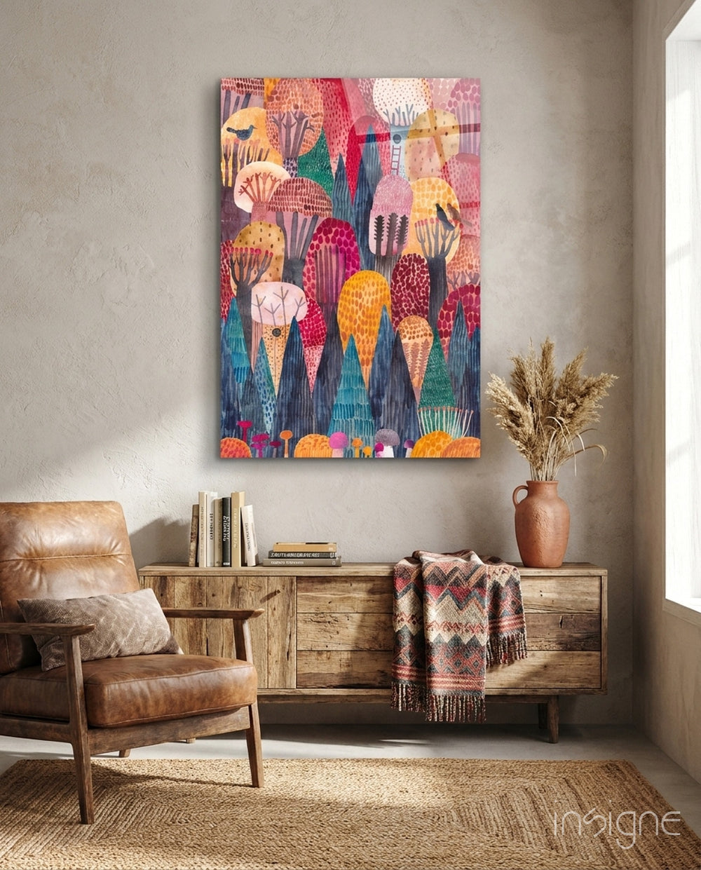 Colorful Trees Glass Wall Art - Lifestyle preview in a designer interior