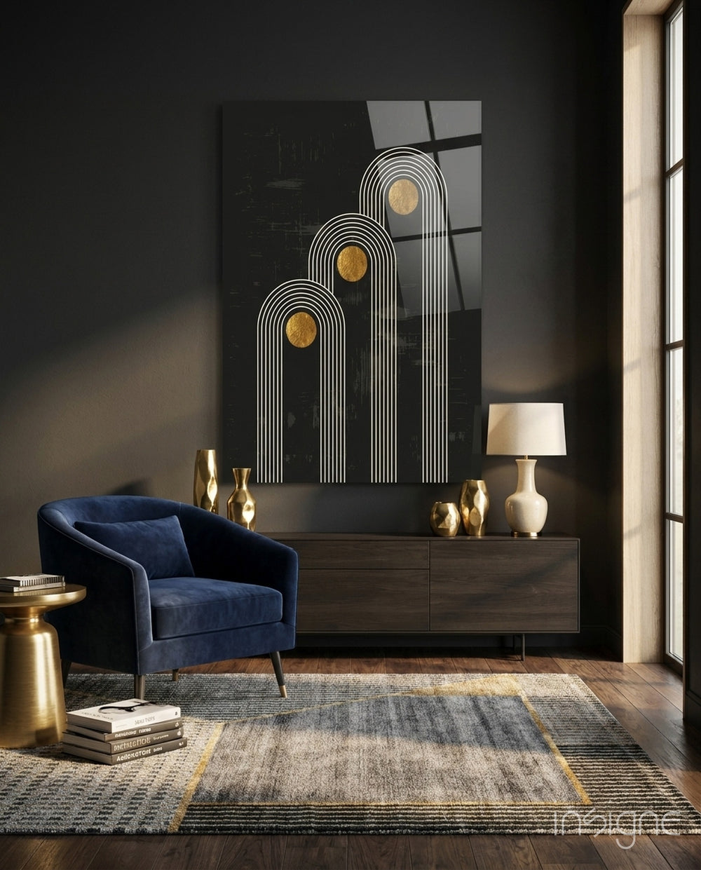 Three Dots Glass Wall Art - Lifestyle preview in a designer interior