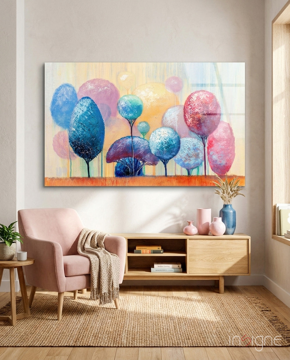 Trees of a Dream Glass Wall Art - Lifestyle preview in a designer interior