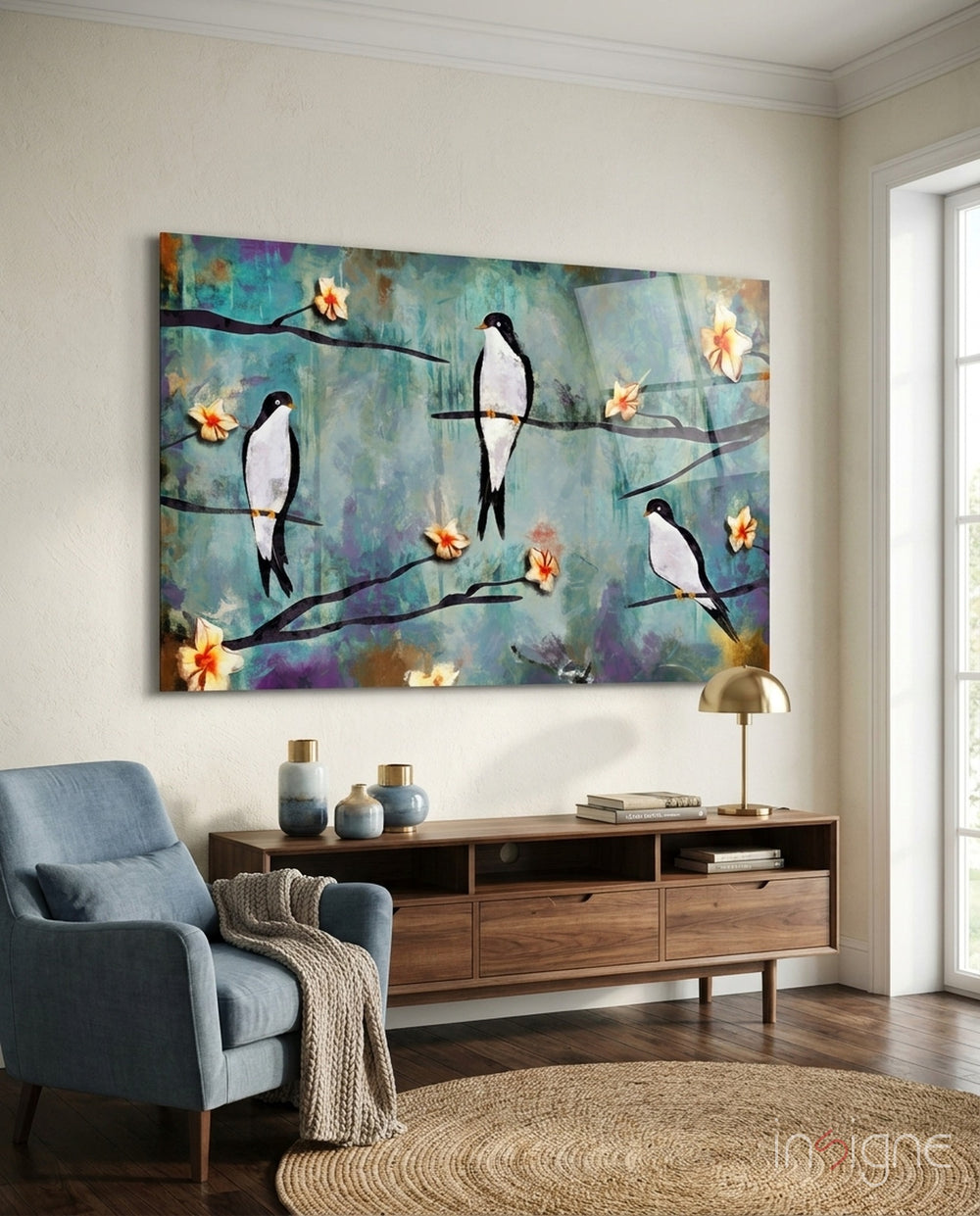 Birds of a Dream Glass Wall Art - Lifestyle preview in a designer interior