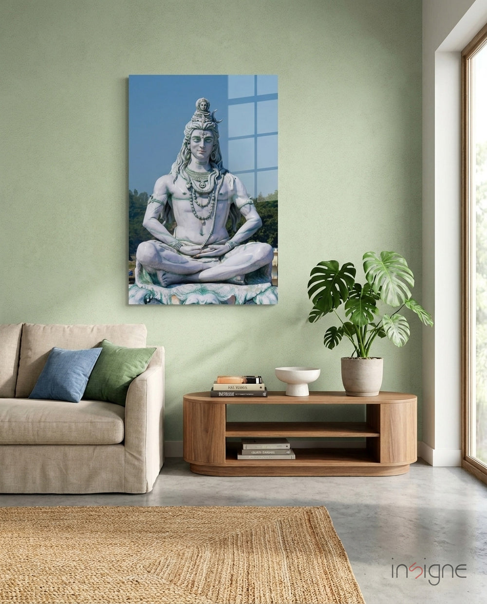 Shiva in Meditation Glass Wall Art - Lifestyle preview in a designer interior