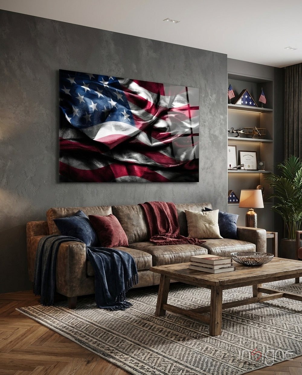 Flag of the United States Glass Wall Art - Lifestyle preview in a designer interior