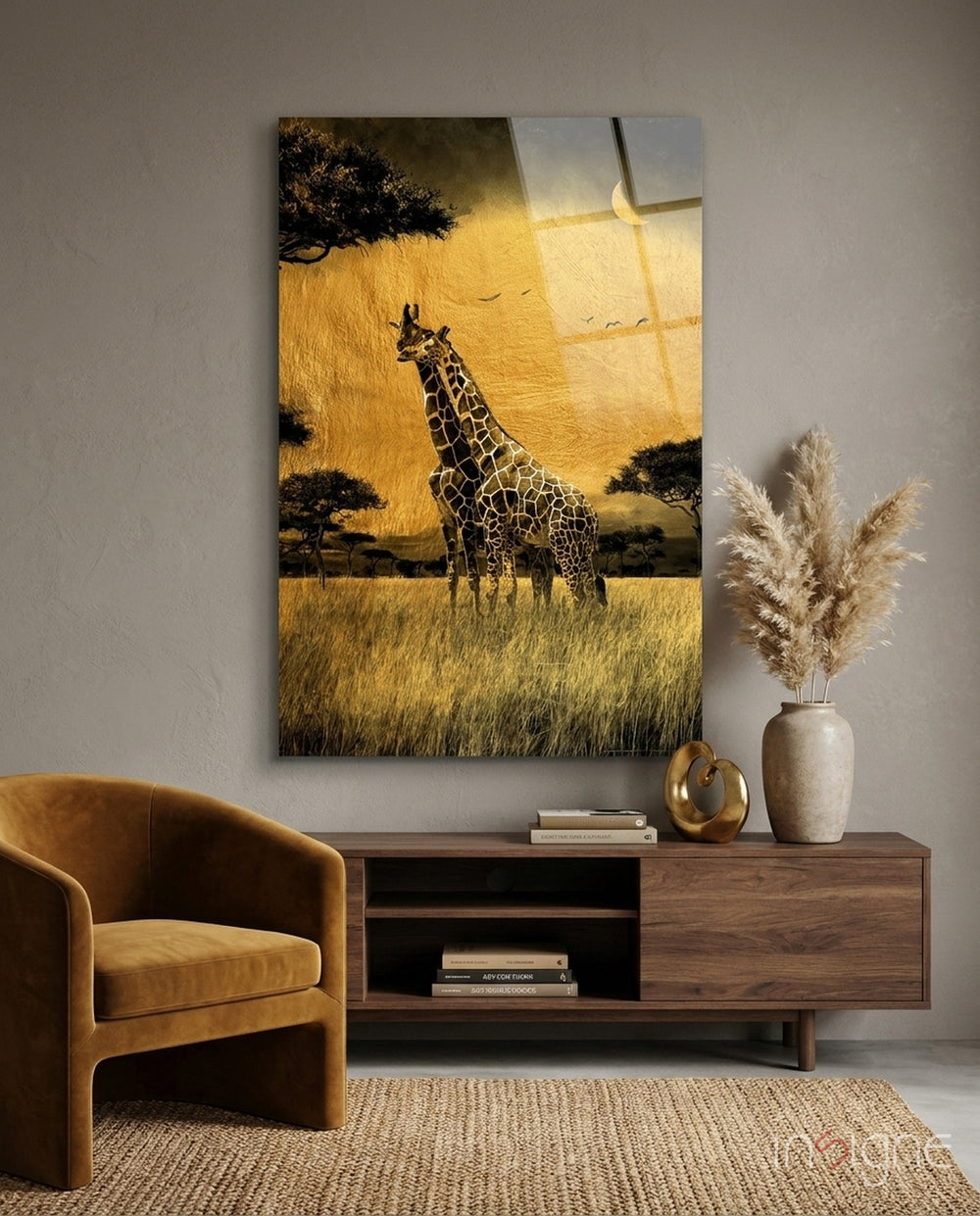 Giraffes Glass Wall Art - Lifestyle preview in a designer interior