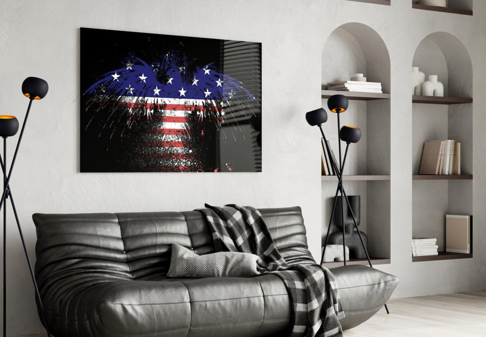 American Eagle glass wall art styled above a desk in an office
