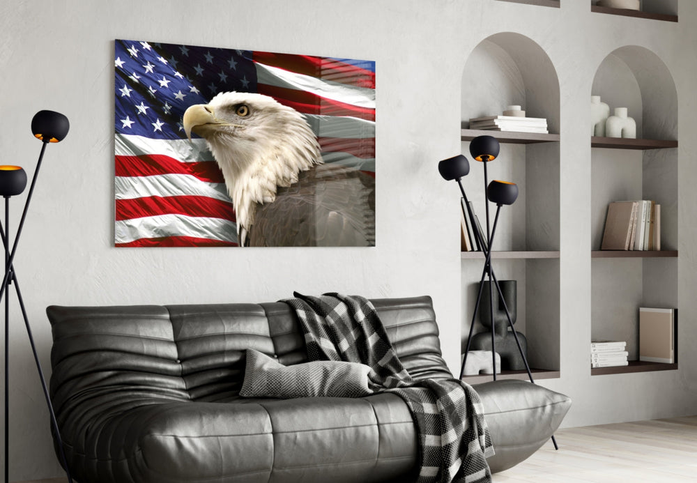 American Eagle glass wall art styled above a desk in an office