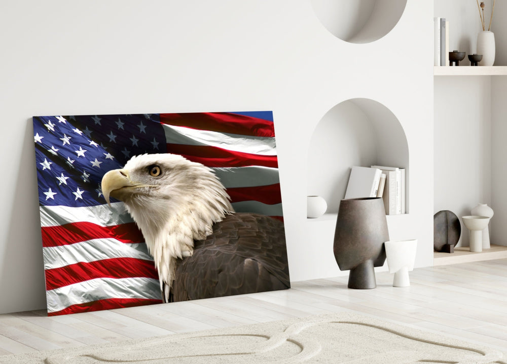 American Eagle close-up showing bald eagle in profile against billowing American flag