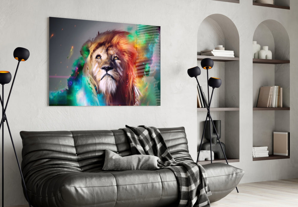 Lion glass wall art styled above a desk in a kids room