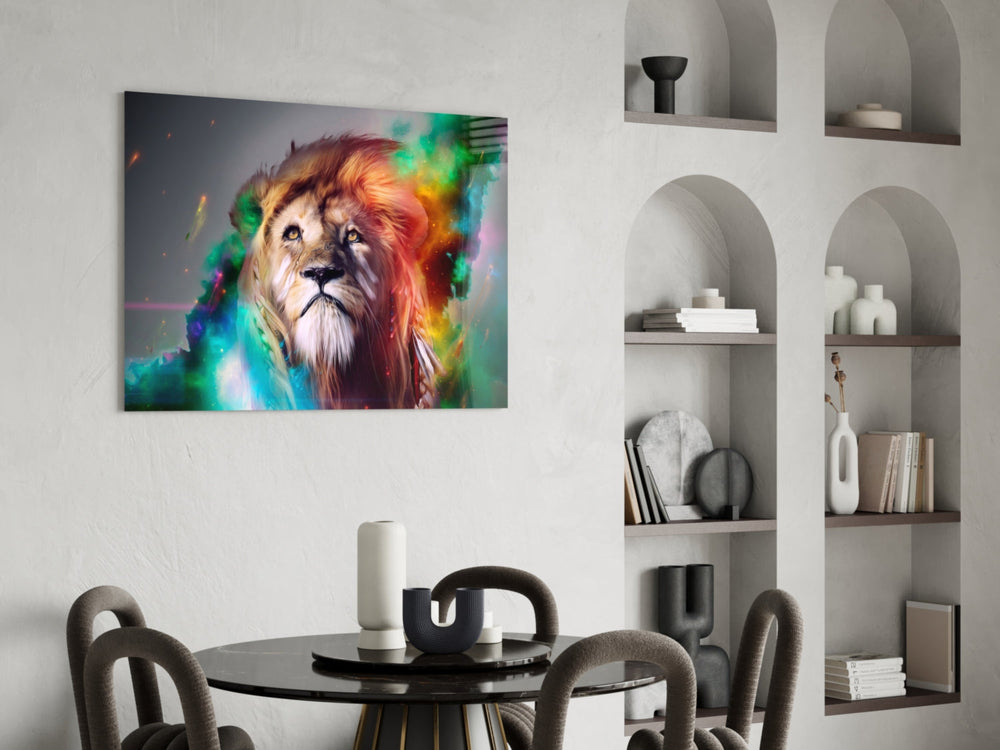 Lion panel adding editorial drama to a hallway