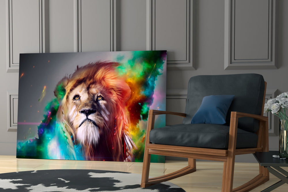 Lion glass print enhancing a teen lounge with cinematic mood