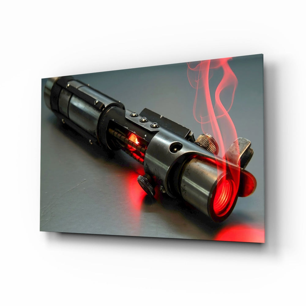 Light Saber glass wall art displayed above a black leather sectional in a home theater with brass arc lamp and reclaimed-wood console