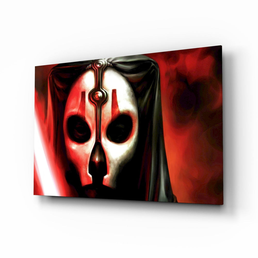 Darth Nihilus glass wall art displayed above a black leather sectional in a home theater with brass arc lamp and reclaimed-wood console