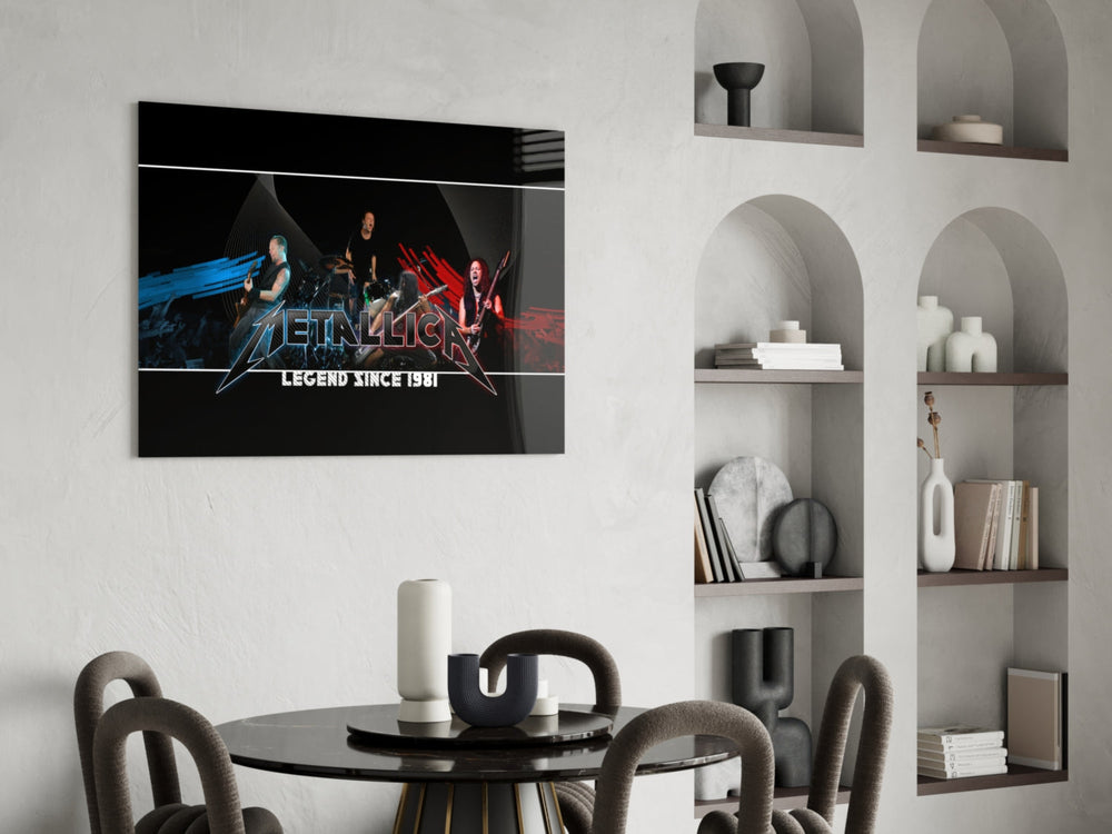 Metallica glass print enhancing a teen lounge with cinematic mood