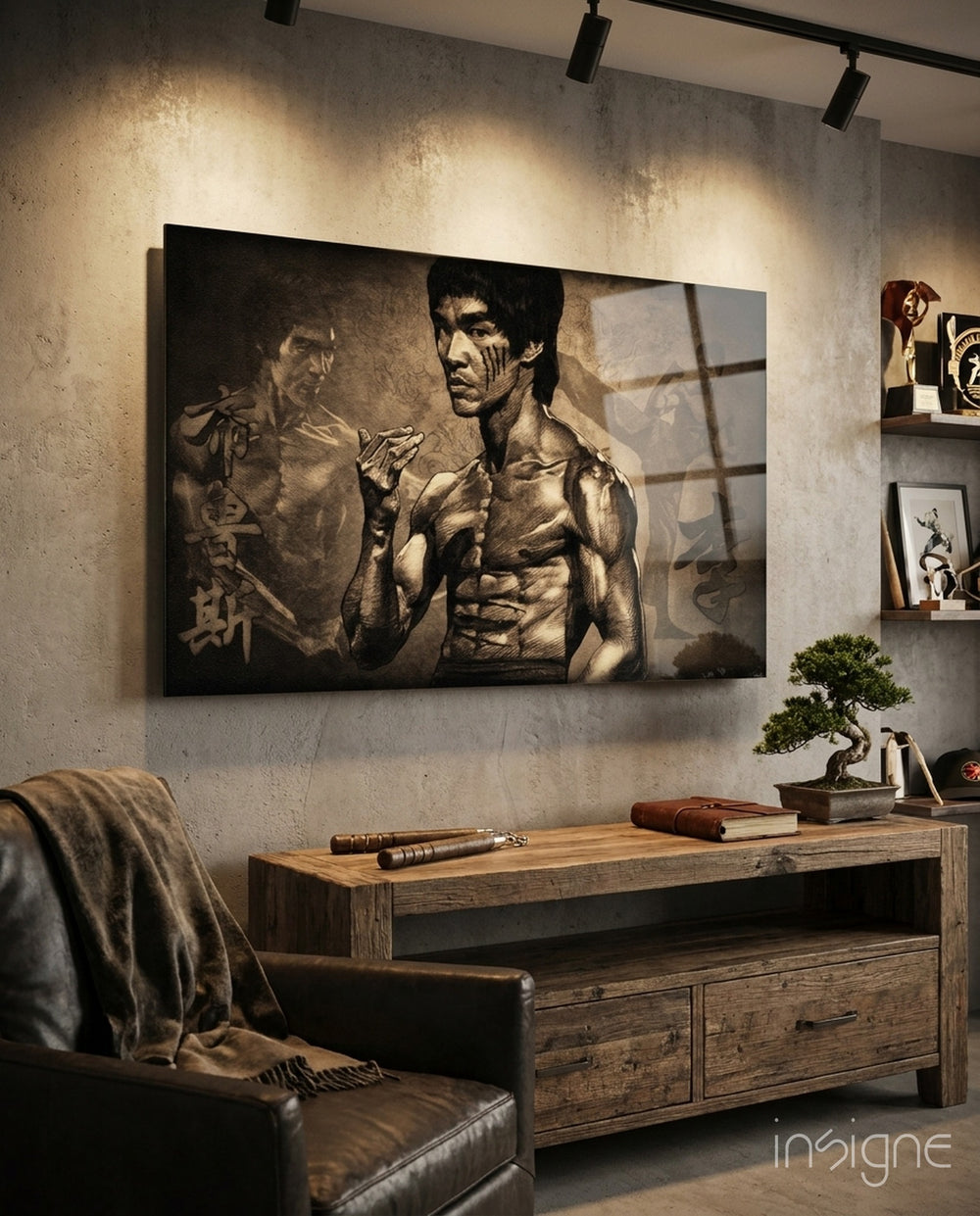 Bruce Lee Glass Wall Art - Lifestyle preview in a designer interior