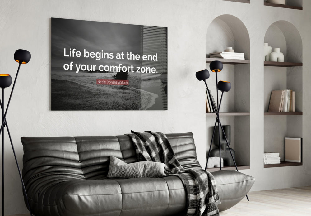Where the Life Begins? glass wall art styled above a desk in an office