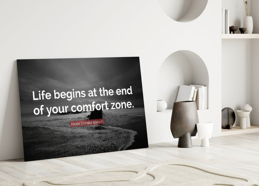 Where the Life Begins? close-up showing Walsch comfort-zone quote over stormy shoreline