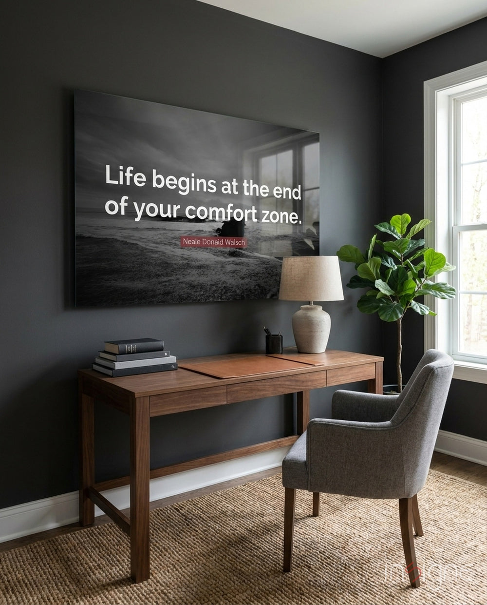 Where the Life Begins? Glass Wall Art - Lifestyle preview in a designer interior