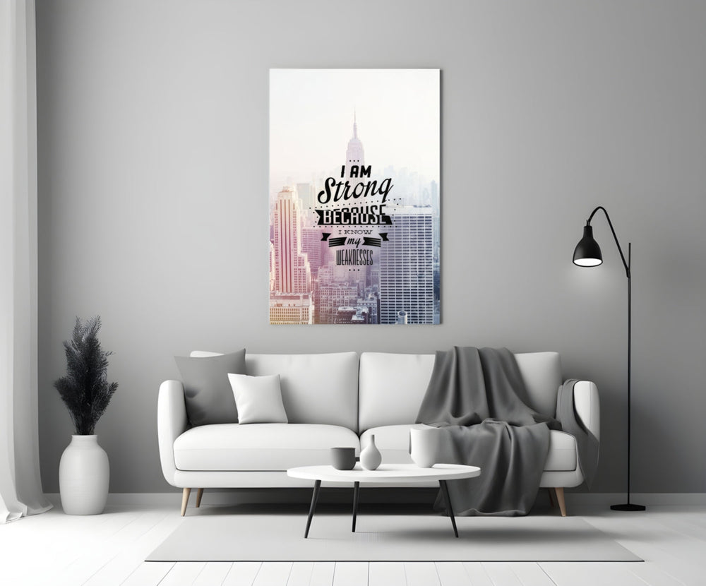 I am Strong close-up showing vintage type quote over NYC skyline