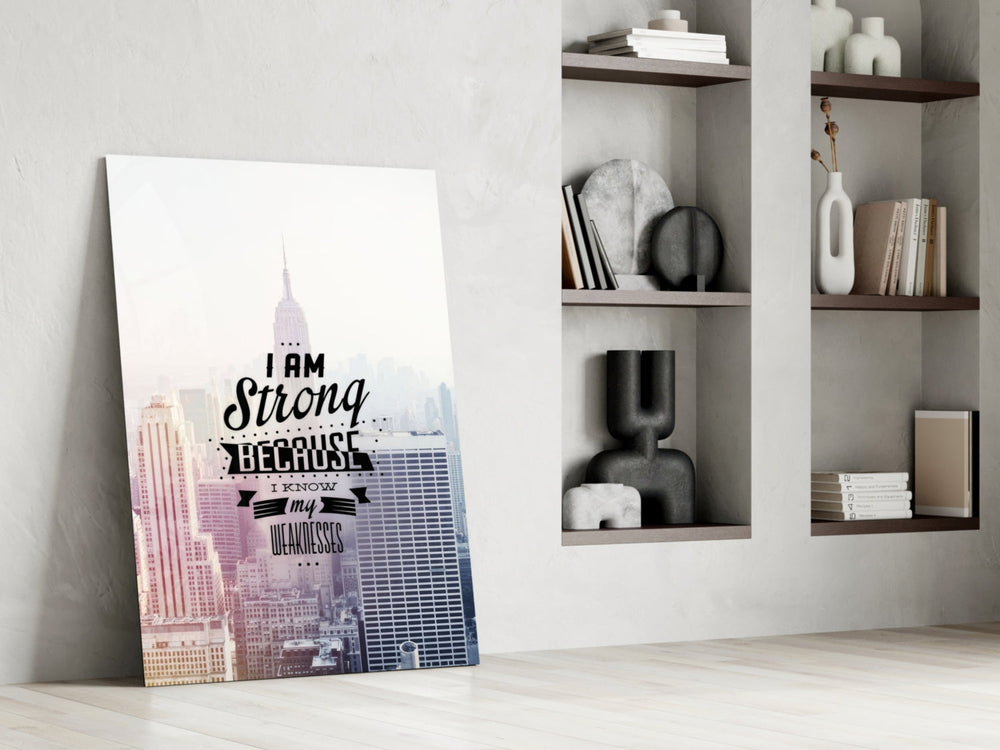 I am Strong glass print enhancing a study with cinematic warmth