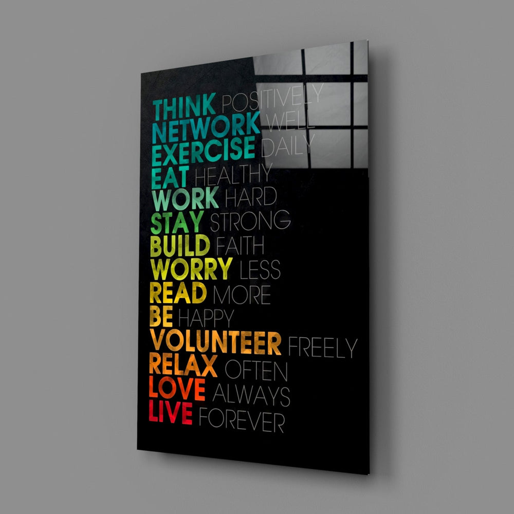 Advices close-up showing stacked life advice in spectrum type on dark plaster