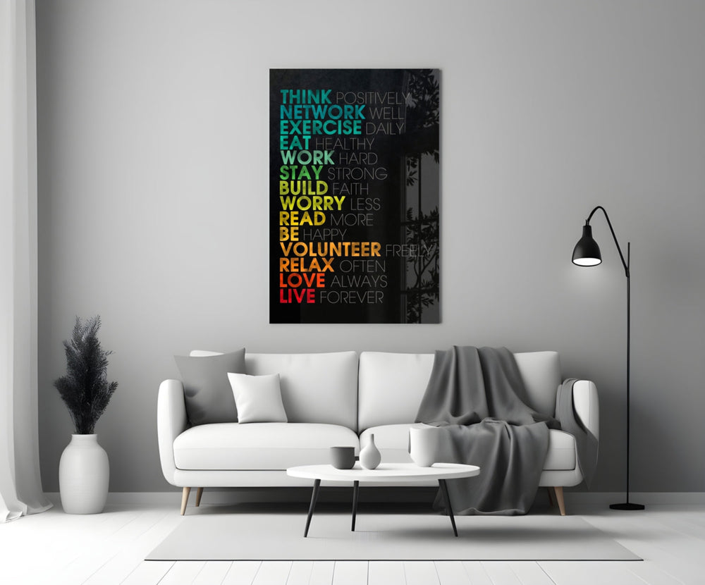 Advices glass wall art styled above a bed in a bedroom