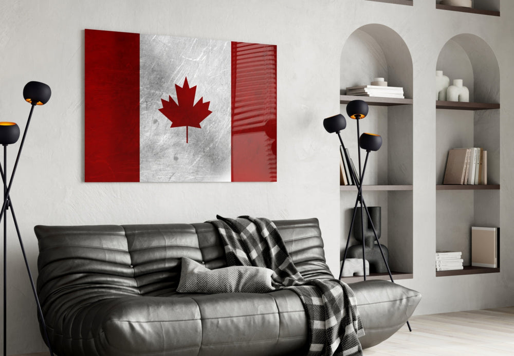 Flag of Canada Flag glass wall art styled above a desk in an office