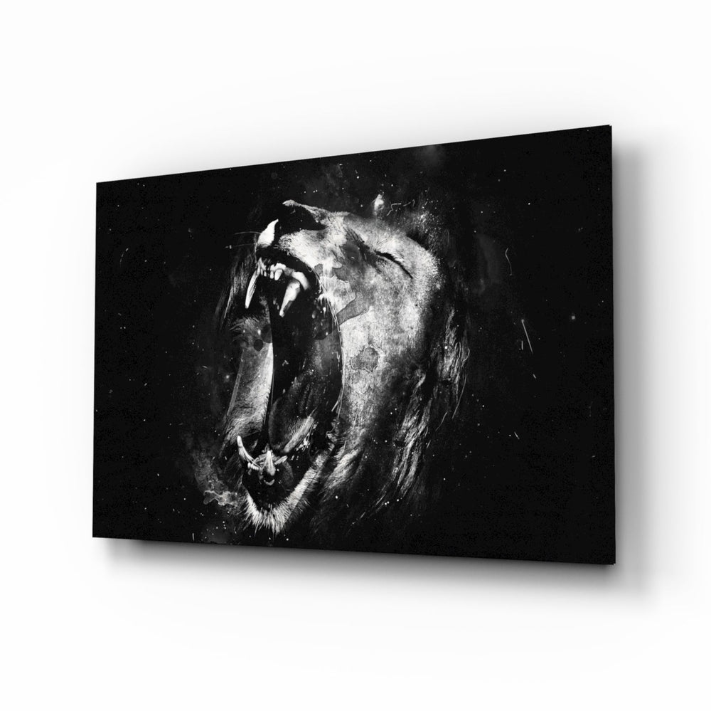 Lion glass wall art displayed above a leather chesterfield in a moody man cave with reclaimed-wood console and brass arc lamp