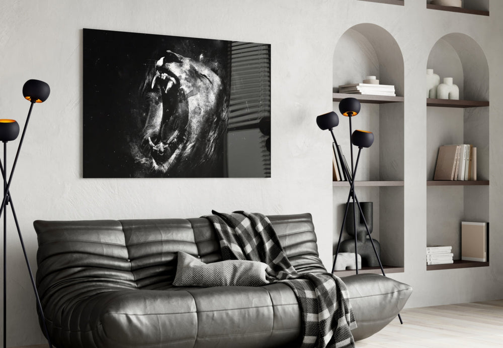 Lion glass wall art styled above a console in a hallway