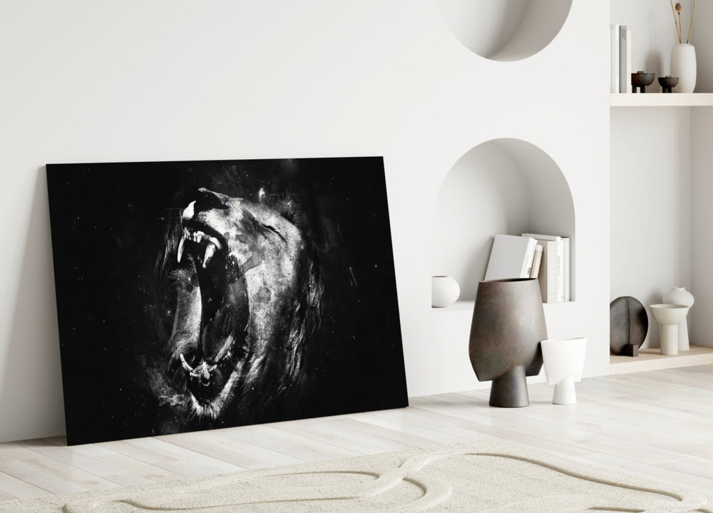 Lion close-up showing roaring monochrome king amid drifting smoke